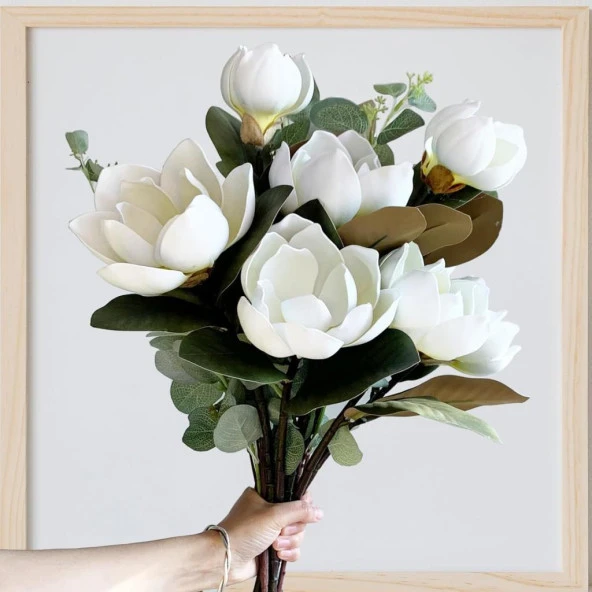 Nettenevime Yapay Çiçek Lüx Manolya Gerçek Islak Dokulu Magnolia Gelin Çiçeği 48cm BEYAZ - 7