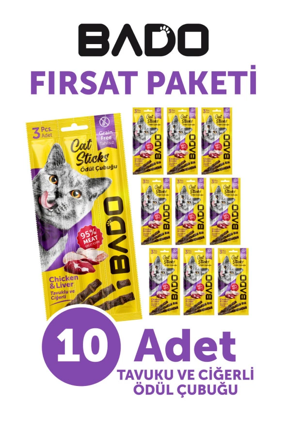 Bado Kedi Ödül Çubuğu Tavuk ve Ciğerli 3x5gr 10Lu