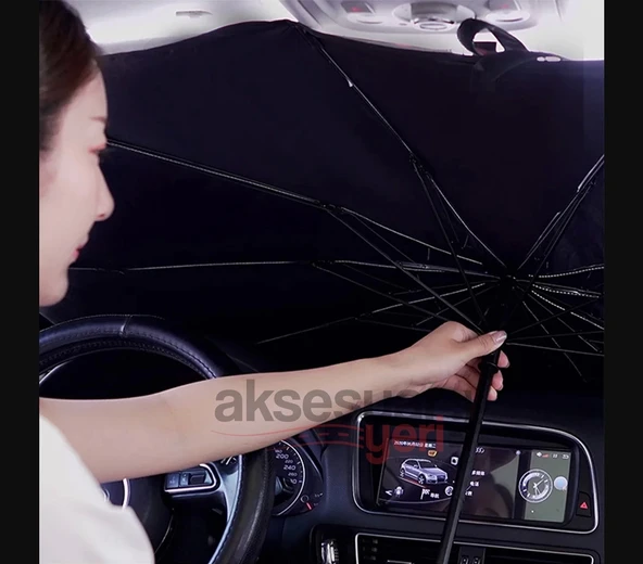 Araç Ön Cam Güneşliği Şemsiye Güneşlik Işın Koruyucu 130x75cm - 2