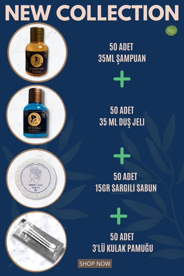 Otel Şampuanı + Duş Jeli + Sabunu + 3'lü Kulak Pamuğu 50'li Set Etiketli ürün görseli 1