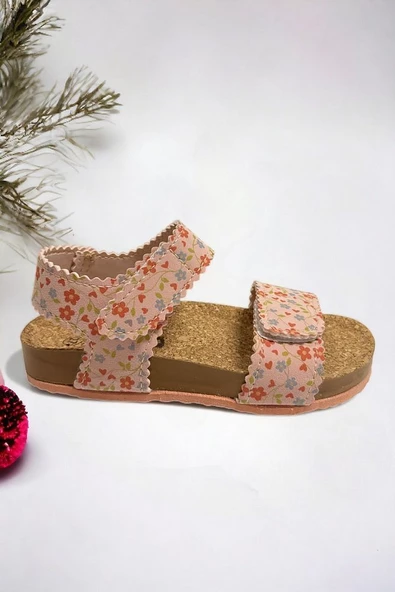 Pudra Süet Çiçek Desenli Kız Çocuk Sandalet - 2