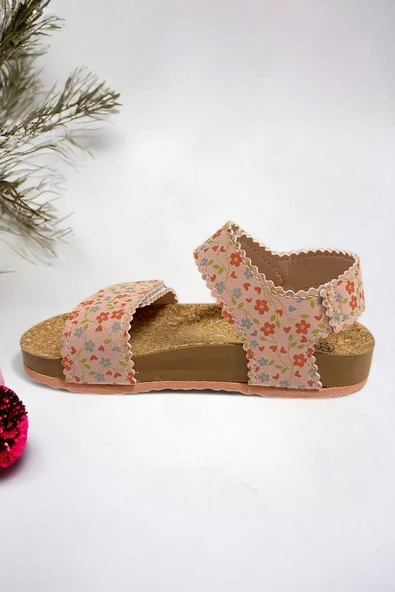 Pudra Süet Çiçek Desenli Kız Çocuk Sandalet - 3