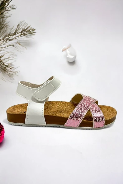 Beyaz Cırt Cırtlı Çapraz Kız Çocuk Sandalet - 2