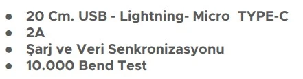 Concord Tel Aks.Şarj Kablo C-452 Usb To Lıghtnıng- Micro Type-C3A Data+Şarj (Unıversal) - 3