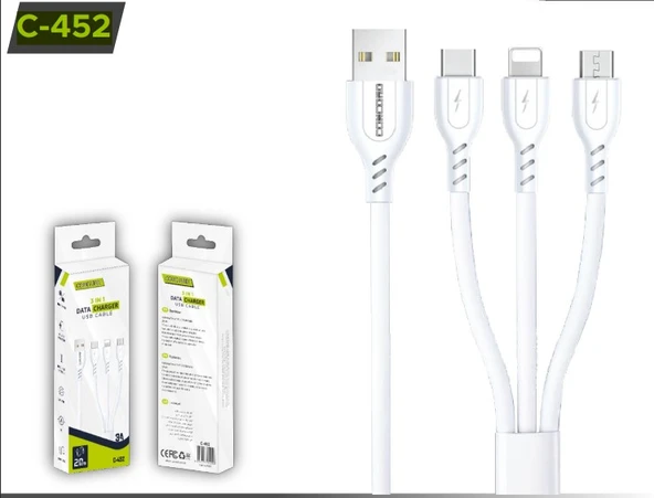 Concord Tel Aks.Şarj Kablo C-452 Usb To Lıghtnıng- Micro Type-C3A Data+Şarj (Unıversal) - 1