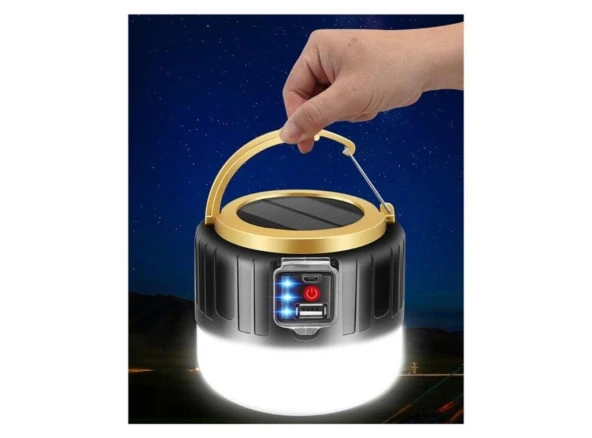 G-300W Kamp Lambası Solar Güneş Enerjili Ampül 26 SMD Led Şarjlı El Feneri Powerbank 5 Mod - Resim 4