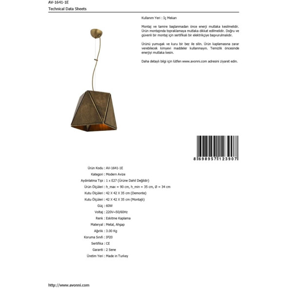 AVONNI AV-1641-1E Eskitme Kaplama Sarkıt, E27, Metal, Ahşap, 34cm - 5