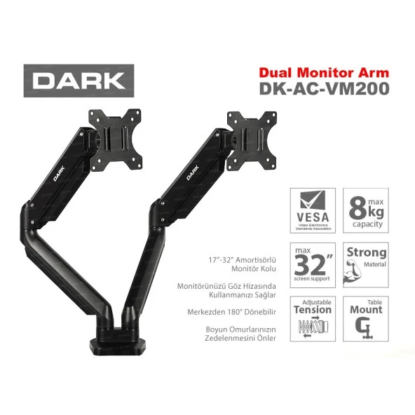 DARK 17/32" DK-AC-VM200 Hareketli Siyah 2 kollu dikey Monitör Askı Aparatı - 1