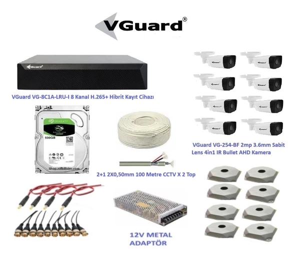 VGuard 2mp 8 Kameralı Dış Ortam AHD HD-TVI Full Kamera Seti 500GB Disk