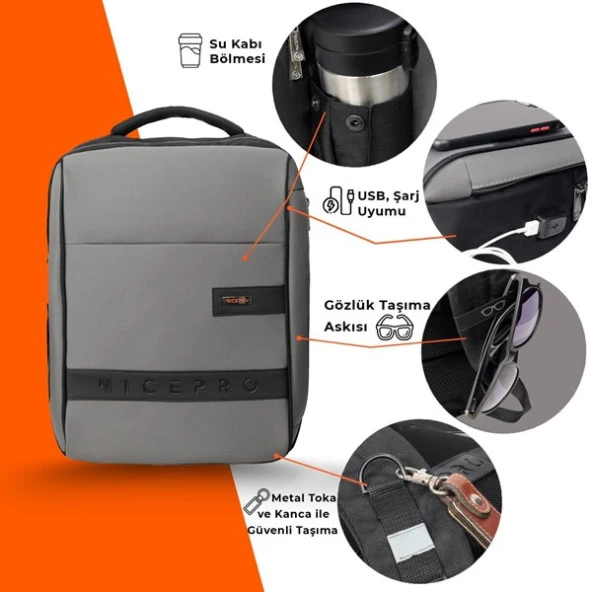 NPO Prestige Smart 16" Gri Notebook Sırt Çantası - 5