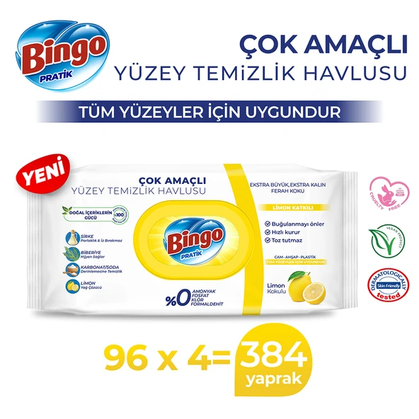 Bingo Pratik Yüzey Temizlik Havlusu Limon 96x4 (384 YAPRAK)
