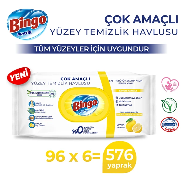Bingo Pratik Yüzey Temizlik Havlusu Limon 96x6 (576 YAPRAK)