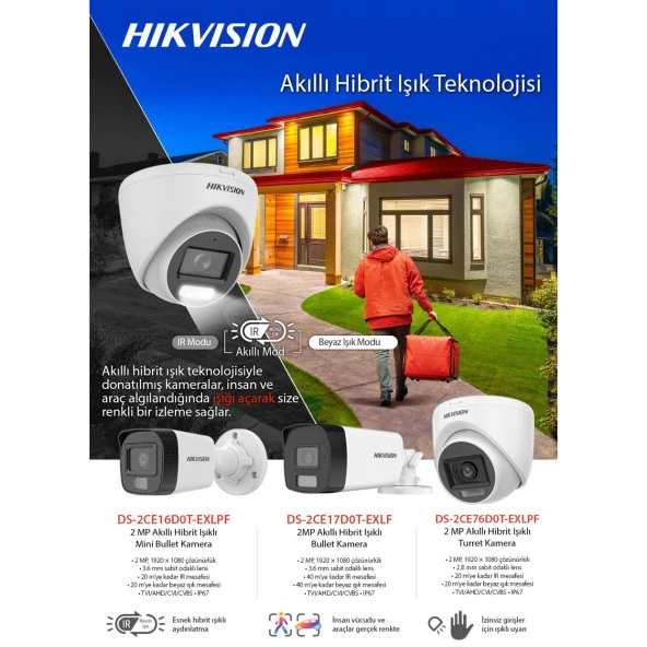 HIKVISION 2MP BULLET 2.8MM DS-2CE16D0T-EXLPF Akıllı Hibrit Işık Sabit Mini Bullet Kamera - Resim 2