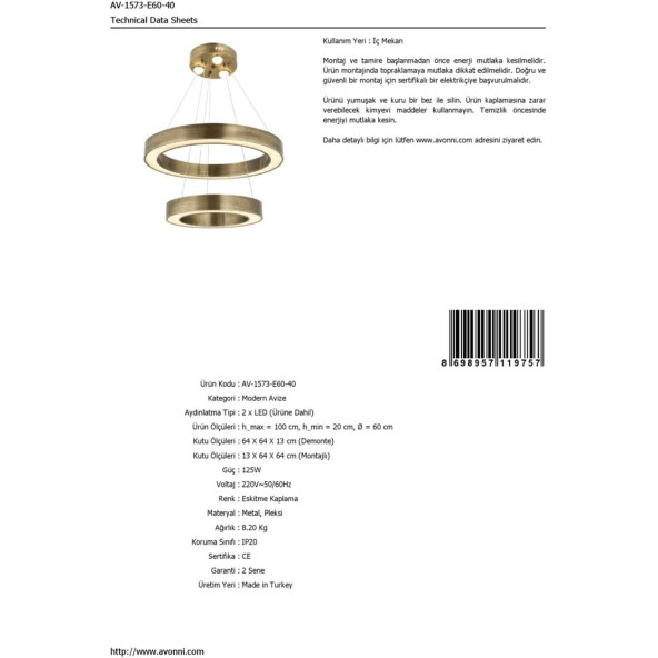 Avonni 1573 Modern Avize, 125 w, Eskitme - 3