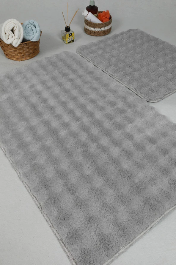 Modern Bubble Yıkanabilir Kaymaz Peluş Banyo Paspası Halısı 2'li Klozet Takımı 60x100-50x60cm Gri - 4