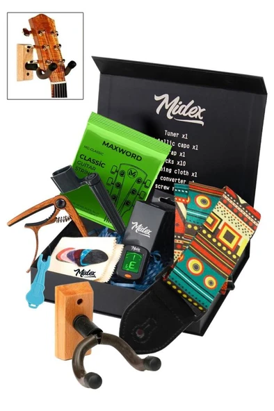 Midex AC-20CL-PAK Klasik Gitar Aksesuar Seti Gitar Tel Askı Capo Tuner Pena ve Full Set ürün görseli 1