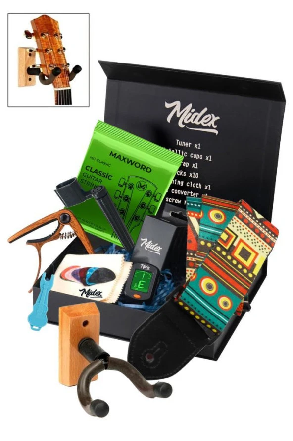 Midex AC-20CL-PAK Klasik Gitar Aksesuar Seti Gitar Tel Askı Capo Tuner Pena ve Full Set