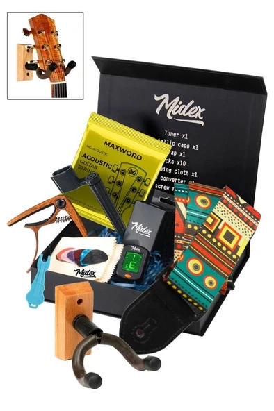 Midex AC-20AC-PAK Akustik Gitar Aksesuar Seti Gitar Tel Askı Capo Tuner Pena ve Full Set ürün görseli 1
