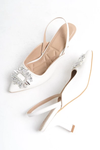 Elizabeth Beyaz Taşlı Stiletto Arkası Açık Abiye Ayakkabı