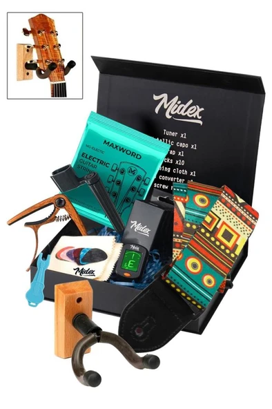 Midex AC-20EL-PAK Elektro Gitar Aksesuar Seti Gitar Tel Askı Capo Tuner Pena ve Full Set ürün görseli 1