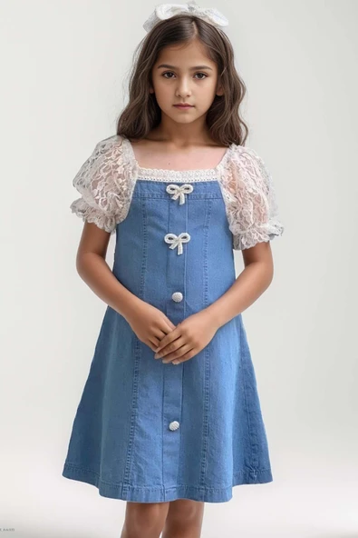 Kız Çocuk Yakası ve Kolları Dantel İşlemeli Balon Kollu Mavi Kot Elbise - Resim 6