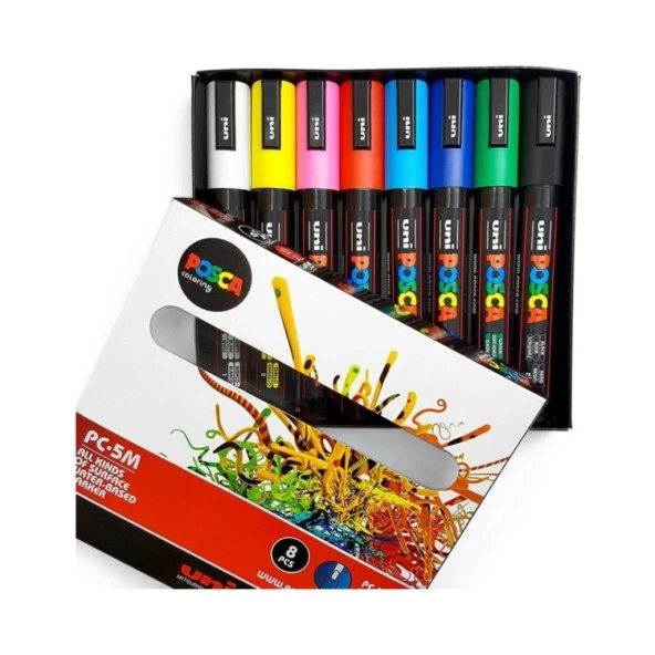 Uni-Ball POSCA 1.8-2.5 Su Bazlı Poster Markörü Ana Renk 8'Li Pc-5M/8c Sc Set ürün görseli 1