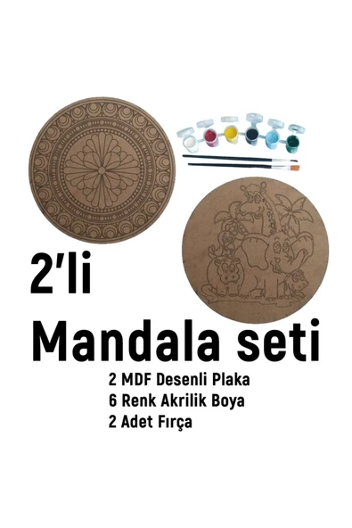 2'li MANDALA BOYAMA SETİ- TATİL ETKİNLİĞİ-2 HAM MDF PLAKA, 6 RENK BOYA,2 FIRÇA MODEL-44 - 2