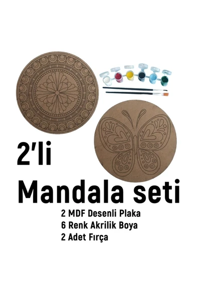 dudu ahşap 2'li Mandala Boyama Seti- OKUL - Aile Etkinliği-2 Ham Mdf Plaka, 6 Renk Boya,2 Fırça Model-16 - 2