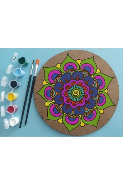 dudu ahşap 2'li Mandala Boyama Seti- Aile Etkinliği-2 Ham Mdf Plaka, 6 Renk Boya,2 Fırça Model-36 - 3