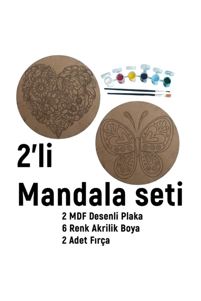 dudu ahşap 2'li Mandala Boyama Seti- OKUL - Aile Etkinliği-2 Ham Mdf Plaka, 6 Renk Boya,2 Fırça Model-25 - 2