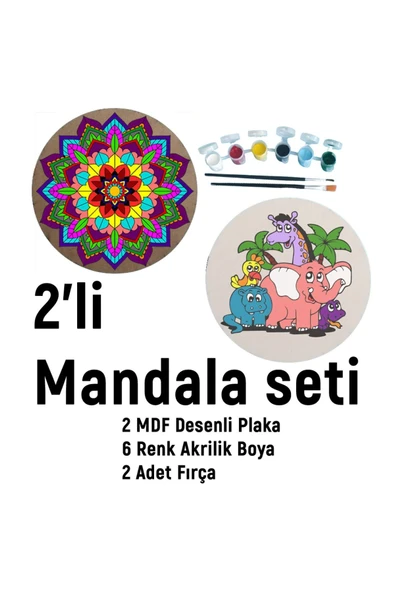 dudu ahşap 2'li Mandala Boyama Seti- OKUL - Aile Etkinliği-2 Ham Mdf Plaka, 6 Renk Boya,2 Fırça Model-49