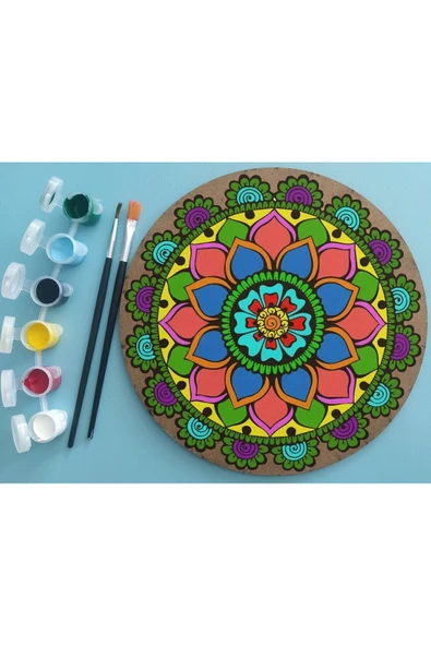 dudu ahşap 2'li Mandala Boyama Seti- OKUL - Aile Etkinliği-2 Ham Mdf Plaka, 6 Renk Boya,2 Fırça Model-38 - 3