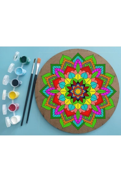 dudu ahşap 2'li Mandala Boyama Seti- OKUL - Aile Etkinliği-2 Ham Mdf Plaka, 6 Renk Boya,2 Fırça Model-34 - 3