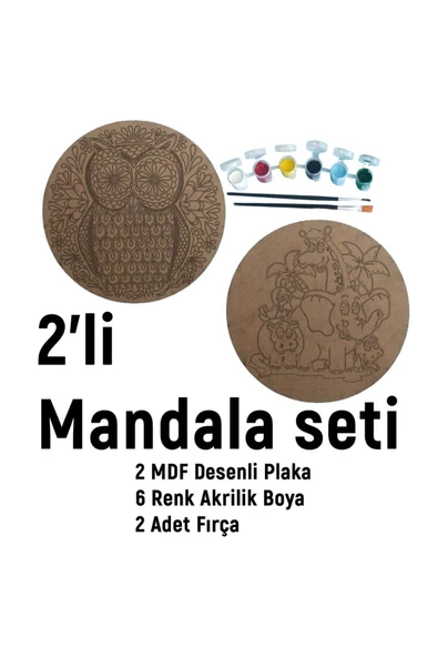 dudu ahşap 2'li Mandala Boyama Seti- Aile Etkinliği-2 Ham Mdf Plaka, 6 Renk Boya,2 Fırça Model-42 - 2