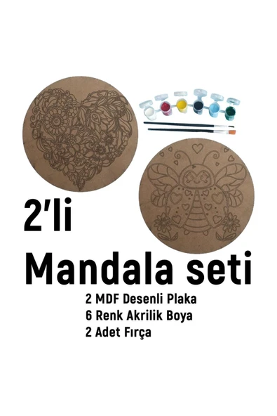dudu ahşap 2'li Mandala Boyama Seti- Aile Etkinliği-2 Ham Mdf Plaka, 6 Renk Boya,2 Fırça Model-40 - 2