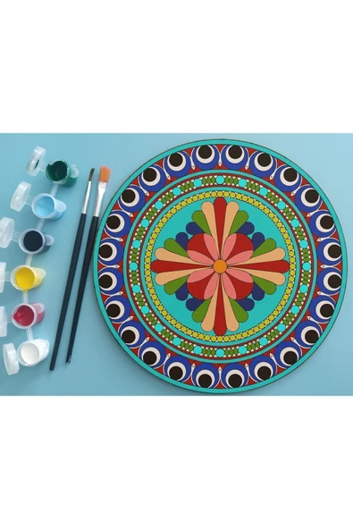 dudu ahşap 2'li Mandala Boyama Seti- OKUL - Aile Etkinliği-2 Ham Mdf Plaka, 6 Renk Boya,2 Fırça Model-44 - 3