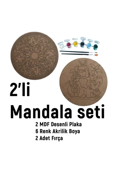 2'li MANDALA BOYAMA SETİ- TATİL ETKİNLİĞİ-2 HAM MDF PLAKA, 6 RENK BOYA,2 FIRÇA MODEL-43 - 2