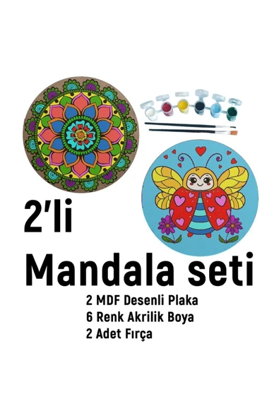 dudu ahşap 2'li Mandala Boyama Seti- OKUL - Aile Etkinliği-2 Ham Mdf Plaka, 6 Renk Boya,2 Fırça Model-38