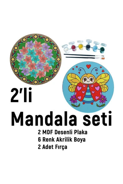 dudu ahşap 2'li Mandala Boyama Seti- OKUL - Aile Etkinliği-2 Ham Mdf Plaka, 6 Renk Boya,2 Fırça Model-30