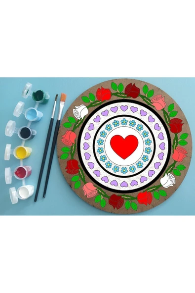 dudu ahşap 2'li Mandala Boyama Seti- OKUL - Aile Etkinliği-2 Ham Mdf Plaka, 6 Renk Boya,2 Fırça Model-32 - 3