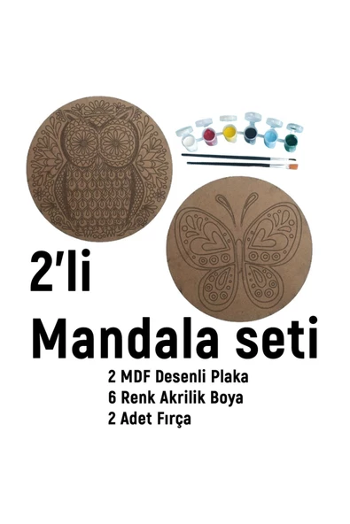 2'li MANDALA BOYAMA SETİ- TATİL ETKİNLİĞİ-2 HAM MDF PLAKA, 6 RENK BOYA,2 FIRÇA MODEL-24 - 2