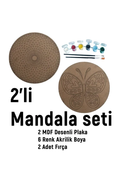 dudu ahşap 2'li Mandala Boyama Seti- OKUL - Aile Etkinliği-2 Ham Mdf Plaka, 6 Renk Boya,2 Fırça Model-20 - 2