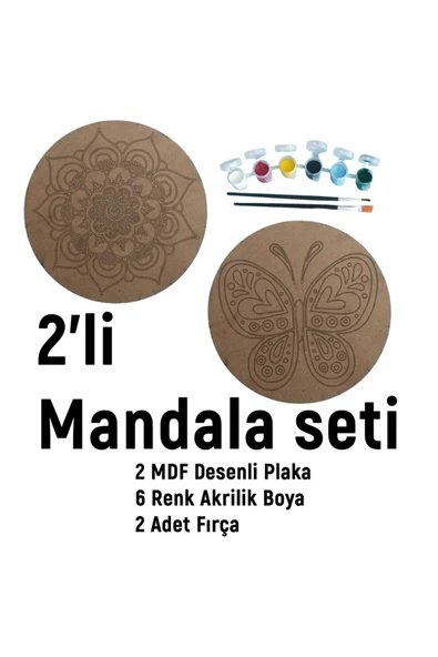 dudu ahşap 2'li Mandala Boyama Seti- OKUL - Aile Etkinliği-2 Ham Mdf Plaka, 6 Renk Boya,2 Fırça Model-21 - 2