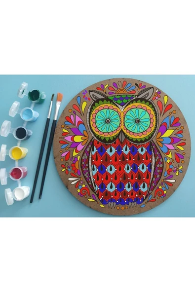 dudu ahşap 2'li Mandala Boyama Seti- OKUL - Aile Etkinliği-2 Ham Mdf Plaka, 6 Renk Boya,2 Fırça Model-39 - 3