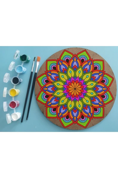 dudu ahşap 2'li Mandala Boyama Seti- OKUL - Aile Etkinliği-2 Ham Mdf Plaka, 6 Renk Boya,2 Fırça Model-52 - 3