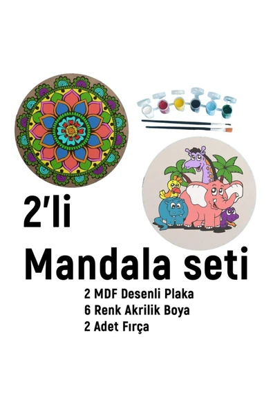 dudu ahşap 2'li Mandala Boyama Seti- OKUL - Aile Etkinliği-2 Ham Mdf Plaka, 6 Renk Boya,2 Fırça Model-53