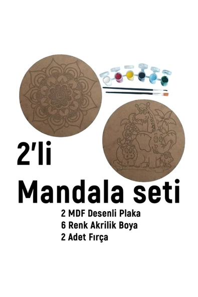 dudu ahşap 2'li Mandala Boyama Seti- OKUL - Aile Etkinliği-2 Ham Mdf Plaka, 6 Renk Boya,2 Fırça Model-51 - 2
