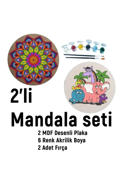dudu ahşap 2'li Mandala Boyama Seti- OKUL - Aile Etkinliği-2 Ham Mdf Plaka, 6 Renk Boya,2 Fırça Model-52