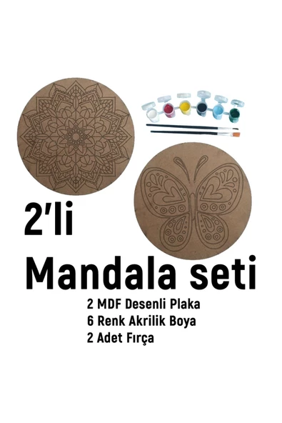 2'li MANDALA BOYAMA SETİ- TATİL ETKİNLİĞİ-2 HAM MDF PLAKA, 6 RENK BOYA,2 FIRÇA MODEL-14 - 2