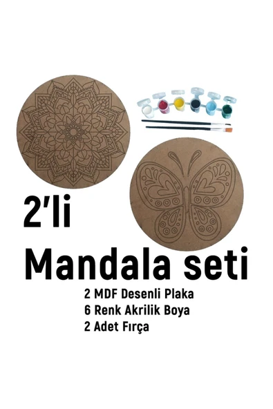 dudu ahşap 2'li Mandala Boyama Seti- OKUL - Aile Etkinliği-2 Ham Mdf Plaka, 6 Renk Boya,2 Fırça Model-14 - 2